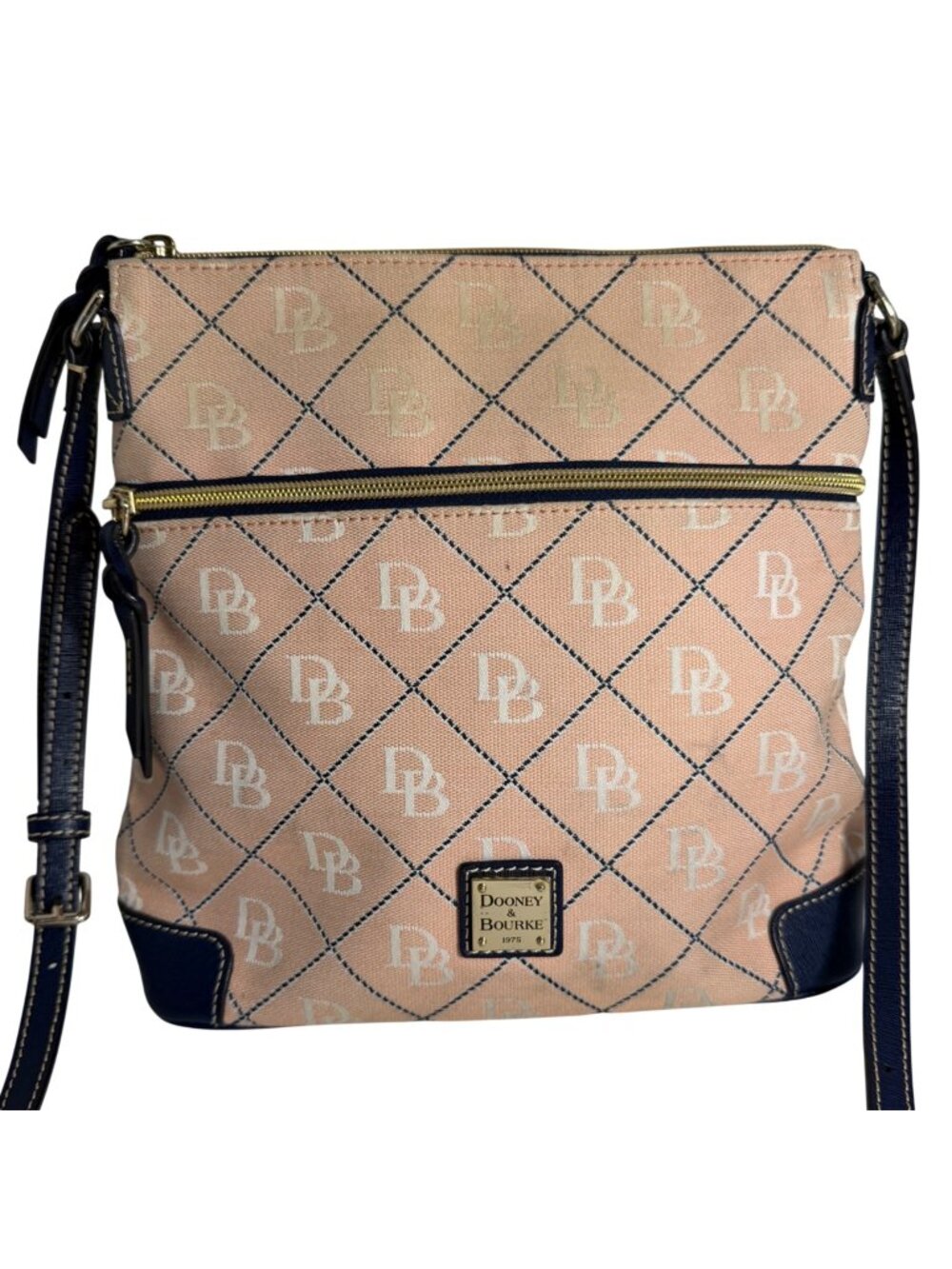 Vintage Dooney Bourke Peach Maxi Quilt Navy Blue Leather Trim Crossbody Bag